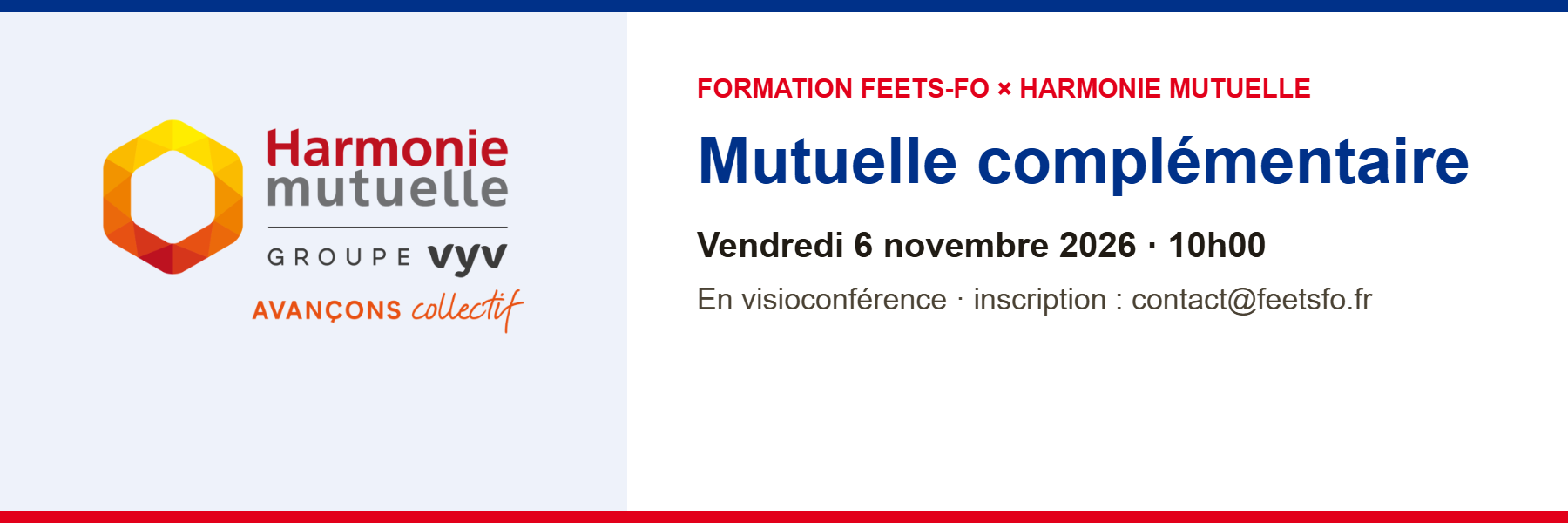 Formation FEETS-FO x Harmonie Mutuelle sur la mutuelle complémentaire, vendredi 6 novembre 2026 à 10h00 en visioconférence